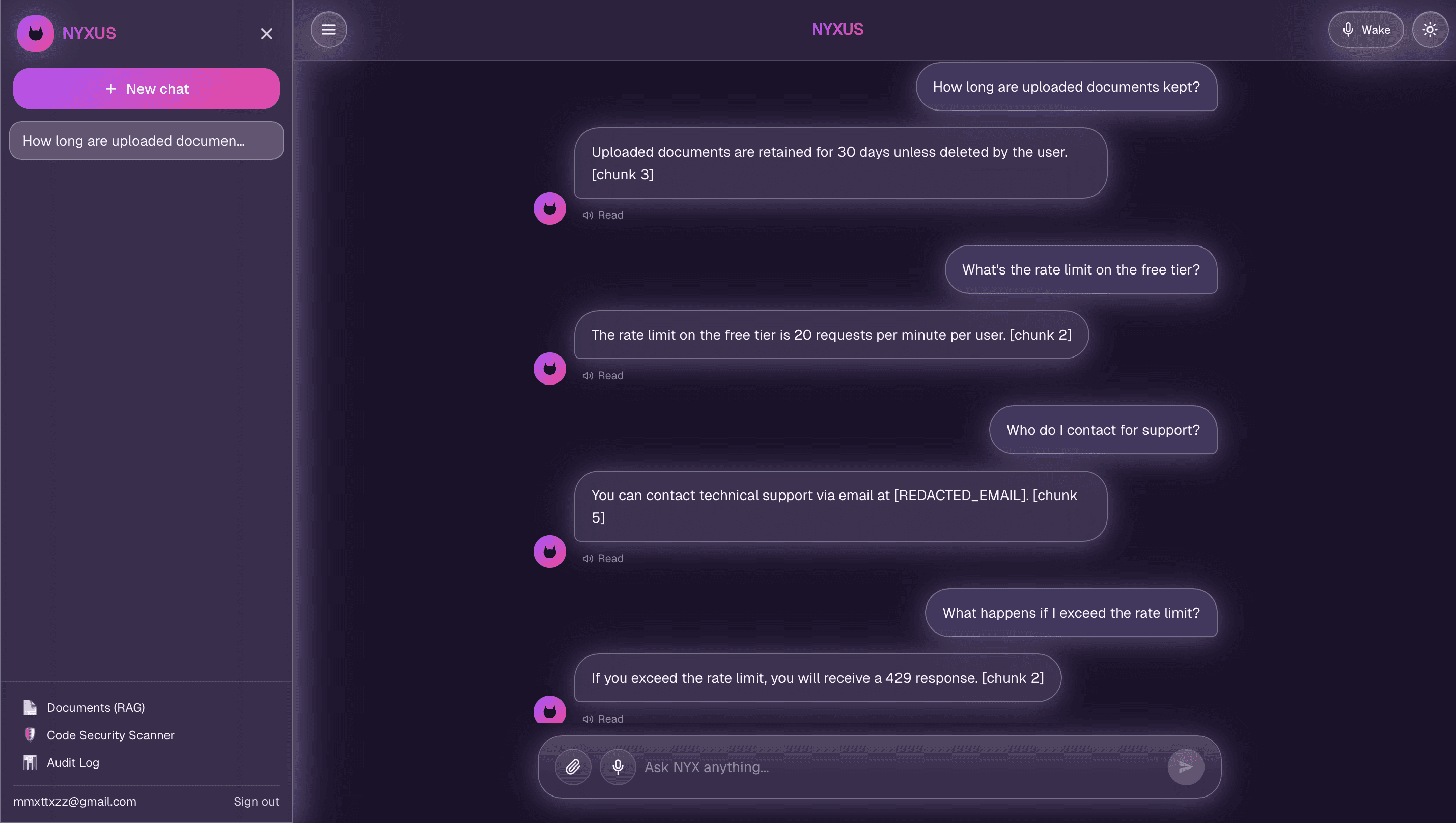 NYXUS screenshot — chat UI with RAG citations and PII redaction